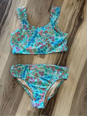 Crewcuts J. Crew Aqua Floral Two-Piece Bikini Swimsuit - Girls Kids Size 10